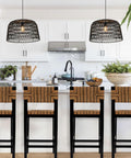 Boho Modern Hanging Rattan Pendant Light With Iron Frame And Natural Paper Wrap Charcoal Gray Woven Lamp In Black Finish in kitchen