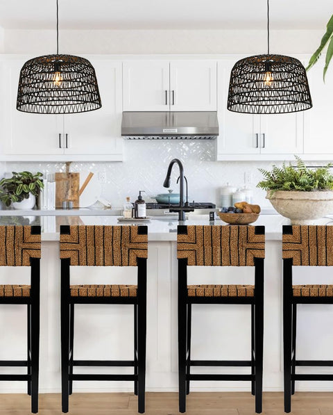 Boho Modern Hanging Rattan Pendant Light With Iron Frame And Natural Paper Wrap Charcoal Gray Woven Lamp In Black Finish in kitchen