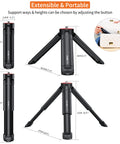 Extendable Mini Camera Tripod With 1/4 Inch Screw showing dimensions, non-slip base, lightweight ABS build, extendable design for DSLR lenses, webcam and smartphone
