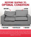 Image showing a sofa with one cushion in need of replacement and another with restored shape using High Density Upholstery Foam Cushion Replacement 2 Inch Thick 24 Inch Wide 72 Inch Long Perfect For Sofa Or Couch Seat Cushions Benches And More Durable As Heck For DIY Upholstery Projects.