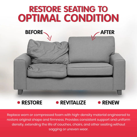 Image showing a sofa with one cushion in need of replacement and another with restored shape using High Density Upholstery Foam Cushion Replacement 2 Inch Thick 24 Inch Wide 72 Inch Long Perfect For Sofa Or Couch Seat Cushions Benches And More Durable As Heck For DIY Upholstery Projects.