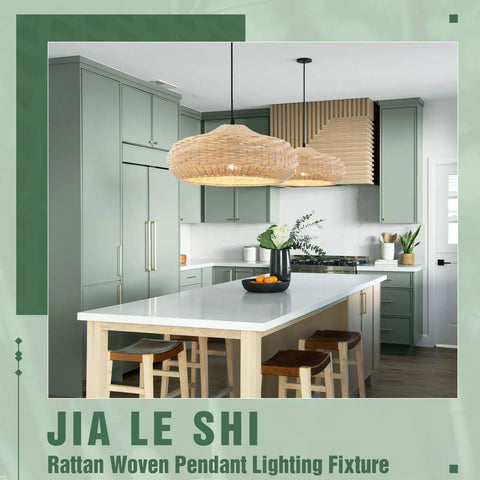 Boho Woven Rattan Pendant Light Dome Ceiling Fixture in kitchen with green cabinets and white island