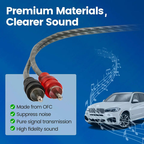 Image of OFC audio cables from 8 Gauge Complete Car Amplifier Wiring Kit For Subwoofers And Audio System Install, with sound wave graphics.