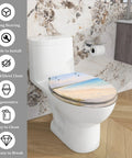 Elongated Toilet Seat Replacement for Bathroom Use with beach design on a white toilet, features slow close and easy installation.