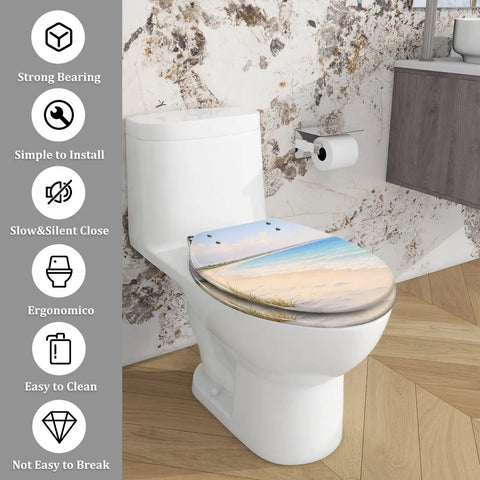 Elongated Toilet Seat Replacement for Bathroom Use with beach design on a white toilet, features slow close and easy installation.