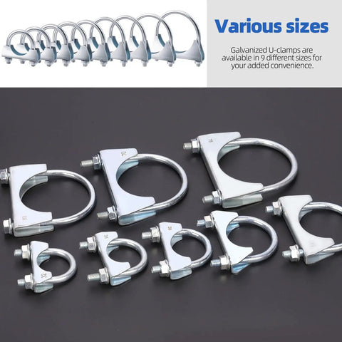 Various sizes of Beefy 2 Pack 54mm Muffler Exhaust U Clamps With Saddle Flange For Tail Pipe Install Heavy Duty Stainless Steel Corrosion Resistant Easy Fit Universal Compatibility Weld Free