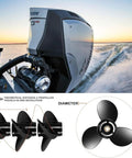 Beefy Aluminum Boat Outboard Propeller For BRP Johnson Evinrude OMC Stern Drives Right Hand Rotation Diameter Thirteen And Three Quarter Inch By Fifteen Inch Pitch 13 Spline Fits 40 To 140HP Evinrude Engines Reference 765182 with engine and water view