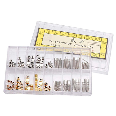 Pro Grade Watch Repair Kit With Stem Extender And Crown Replacement Parts, tool set in plastic box with various crown components.