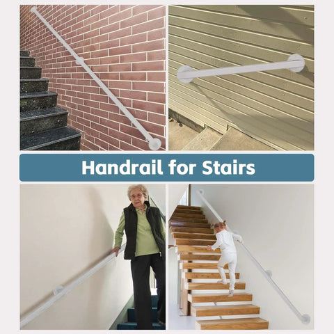 Rock Solid Wall Mounted Wrought Iron Stair Railing And Handrail With Adjustable Indoor Outdoor Step Support on various stair types.