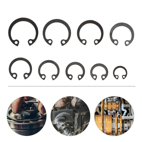 External Circlip Assortment Kit 100 Pcs Black Steel C Clips shown with application examples in machinery parts
