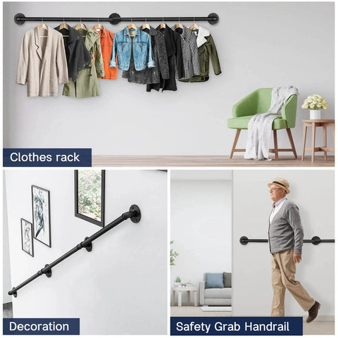 10Ft Matte Black Stair Handrails For Indoor Stairs With Wall Mount Support Made From Iron Pipe used for clothes rack and grab rail