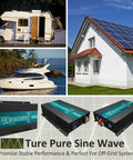 Badass 3000 Watt Pure Sine Wave Solar Power Inverter With Dual US Outlets And Bright LED Readouts near RV and house with solar panels