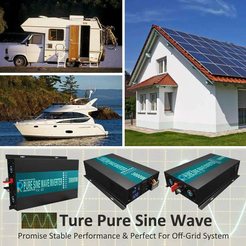 Badass 3000 Watt Pure Sine Wave Solar Power Inverter With Dual US Outlets And Bright LED Readouts near RV and house with solar panels