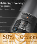 Close-up of Boss Level Milk Frother And Steamer 4 In 1 Instant Foamer showing multi-stage frothing programs and control buttons.