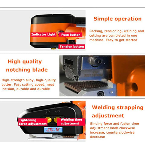 Electric Strapping Kit For 9 To 16Mm Plastic Bands With 4000Mah Battery Powered Automatic Machine Tool showing control buttons and notching blade.