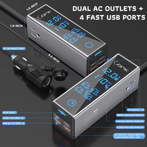 Road Trip Vibes 300W Car Power Inverter DC To AC Converter with PD 36W Quick Charge, showing dual AC ports and USB display.