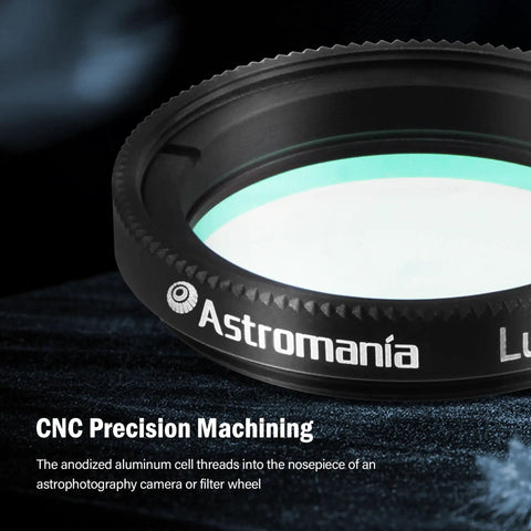 Close-up of Astromania LRGB 1.25 inch filter with anodized aluminum cell, for monochrome CCD cameras in astrophotography.