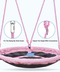 Heavy Duty A Frame Swing Set For Backyard With 440 Lb Capacity 32 Inch Saucer Swing in pink showing hooks and connections