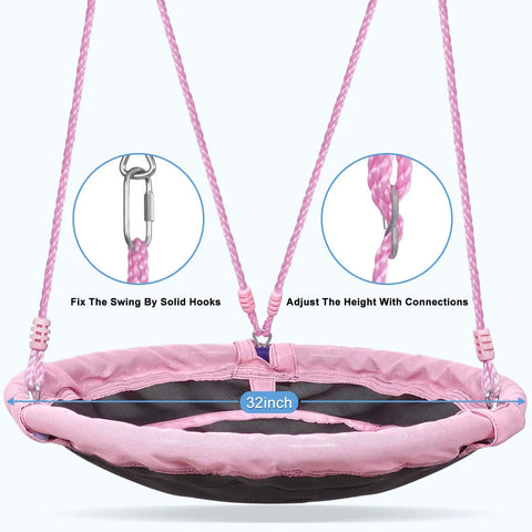 Heavy Duty A Frame Swing Set For Backyard With 440 Lb Capacity 32 Inch Saucer Swing in pink showing hooks and connections