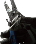 Close-up of Compact Japanese Made Wire Stripper With Screw Cutter for small gauge wires, 6.4-inch length, in use.
