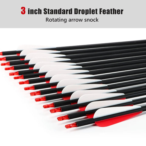 30 Inch Carbon Arrow Set With Removable Tips, 14 Pcs, Spine 500, arrows with 3 inch feathers and red nocks in detail