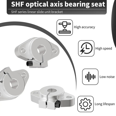 Four Pack SHF10 Linear Shaft Support Brackets for 10mm Rails, Horizontal Guide System, Aluminum Construction with Oxidized Finish, M4 Locking Bolts and M5 Clamping Bolts, 1.26 Inch Hole Spacing, Easy Install, Rugged CNC Grade Precision, SHF bracket set