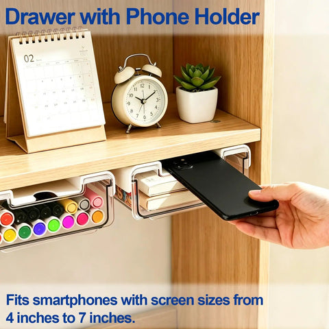 Under Desk Storage Drawer Organizer Two Pack Stick On Self Adhesive Slide Out Drawers for Under Table with phone holder