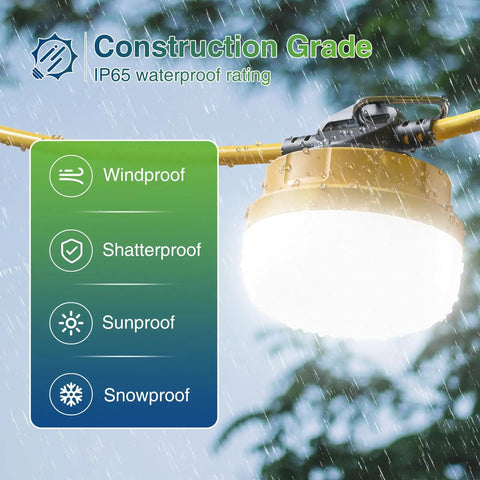 Close-up of 100Ft Construction String Lights For Job Sites, Powerful 100W Work Light in rain, showcasing IP65 waterproof rating.