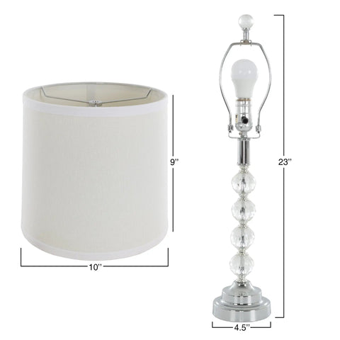Table lamp with crystal orbs, modern chrome finish, drum shade, part of Three Piece Table And Floor Lamp Set With Faceted Crystal Orbs.