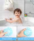 Quovay 2 Pcs 6.1 Inch Bathtub Stoppers, PVC Bathtub Overflow Drain Cover in use with a child playing in a bubbly bathtub.
