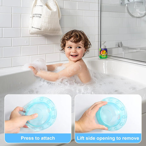 Quovay 2 Pcs 6.1 Inch Bathtub Stoppers, PVC Bathtub Overflow Drain Cover in use with a child playing in a bubbly bathtub.