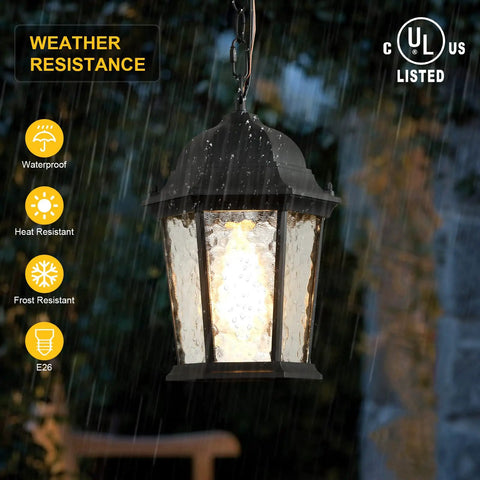 7.5 Inch Outdoor Pendant Light For Porch Modern Black Die-Cast Aluminum Fixture With Ripple Glass Weatherproof Outdoor Hanging Light