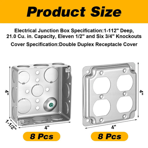 8 Pack 4x4 Inch Electrical Junction Boxes With Covers, Heavy Duty Galvanized Steel, 21 Cu In Capacity, Silver with Double Duplex Plates
