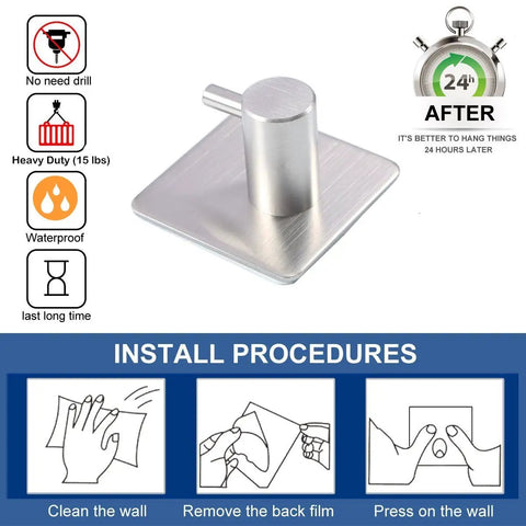 Heavy Duty Tough As Nails Adhesive Wall Hooks 15 Lb Capacity Waterproof Stainless Steel Hanger with installation guide