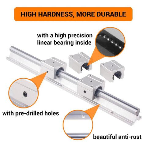 Two Piece SBR16 1000mm Linear Rail Kit with Four SBR16UU Square Carriage Blocks, highlighted features like high precision bearings.