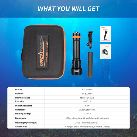 D511 2200 Lumen LED Dive Light with Aluminum Alloy Body shown with case and accessories for outdoor adventures