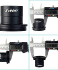 Telescope Photo Adapter Kit measured with caliper, showcasing dimensions for 1.25 inch mount compatible with Nikon DSLRs