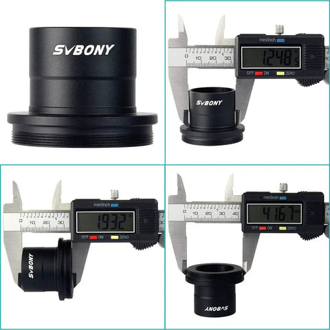 Telescope Photo Adapter Kit measured with caliper, showcasing dimensions for 1.25 inch mount compatible with Nikon DSLRs