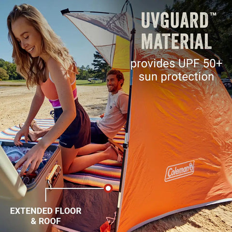 Side view of a lightweight beach shade tent with pre-attached poles, large sun shelter, extended floor, and roof for easy setup.