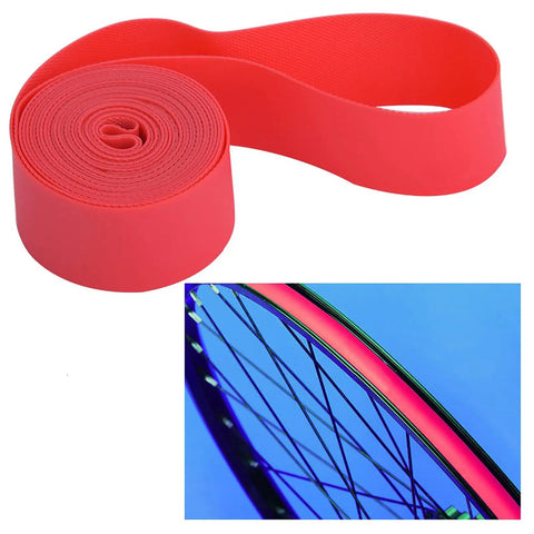 2Pcs Bike Tire Liner For Flat Proof Rides, Puncture Proof Rim Tape, red liner and blue bike rim, fits 26 inch mountain and city tires