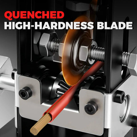 Close-up of Job Site Ready 2 In 1 Manual Wire Stripper Machine No Sweat Insulation Remover showing high-hardness blade cutting copper wire.