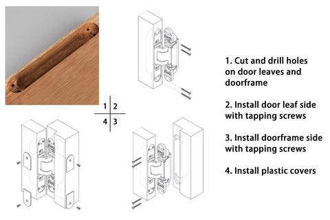 Installation steps for Hidden Door Hinges 6 Inch Concealed Zinc Alloy Butt Hinge with 180 Degree Swing and 3 Way Adjustable Design Pack of 2