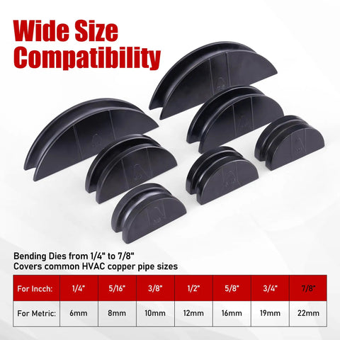 Bending dies for Rgvoc Hydraulic Tubing Bender Kit For 1/4 To 7/8 Inch Copper And Brass Pipe, compatible with various HVAC sizes.