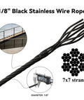 1/8 Inch Black Stainless Steel Cable Railing Wire, 150 Ft Long, 7x7 Strand, showing flexibility and measurement details