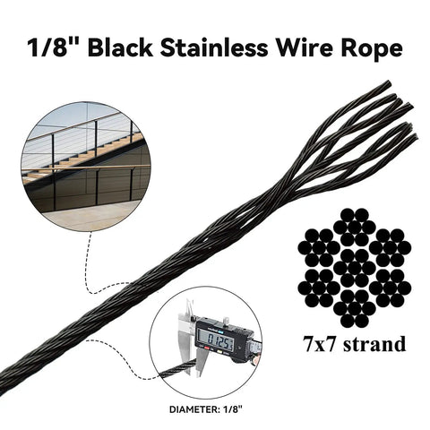 1/8 Inch Black Stainless Steel Cable Railing Wire, 150 Ft Long, 7x7 Strand, showing flexibility and measurement details
