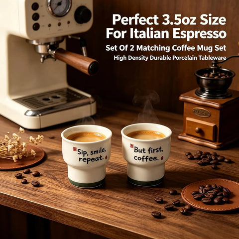 Ceramic Demitasse Espresso Cups Set Of 2, 3.52 Oz Handleless Demitasse Mugs For Double Espresso Cortado Turkish Coffee on wooden table