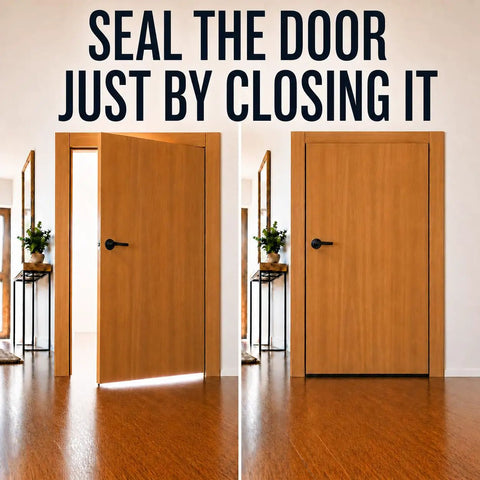 Heavy Duty Under Door Seal With Double Neoprene Bulb Seal Keeps Drafts Out 1 Inch Drop on wooden door shown open and closed