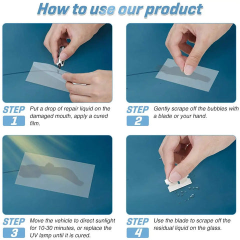 Step-by-step guide using Three Pack Windshield Crack Repair Kit For Cars, Nano Glass Repair Fluid For Chips And Scratches