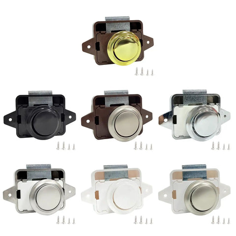 Various colors of Keyless Button Latch For Campers And Furniture Push Cabinet Lock No Key Hassle 15 To 18mm Door Thickness Marine Grade Hardware.