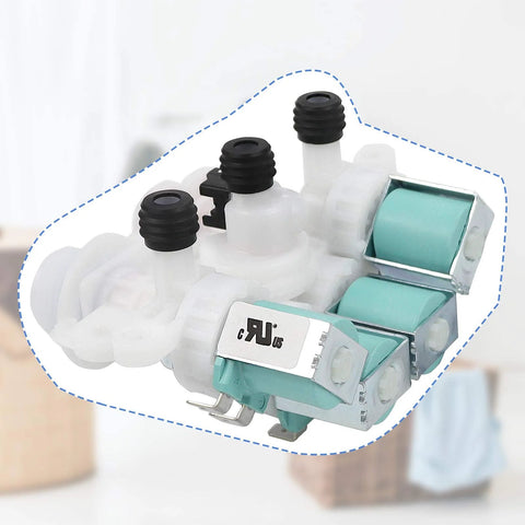 Washer water inlet valve assembly with three ports and teal solenoids, white plastic body, angled front view